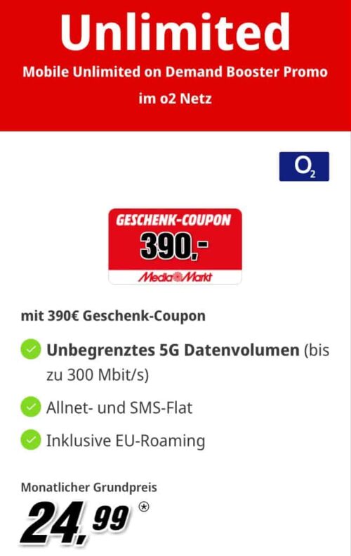 MediaMarkt 390欧 购物券 +<br><em>O<sub>2</sub> Mobile Unlimited Max</em>