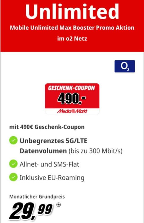 MediaMarkt 490欧 购物券 +<br><em>O<sub>2</sub> Mobile Unlimited Max</em>