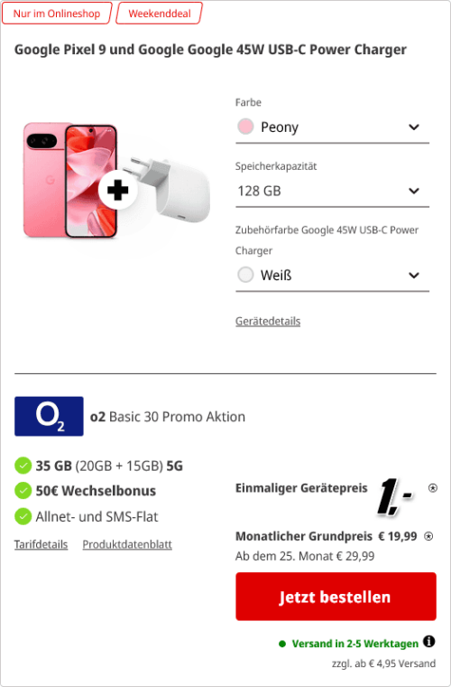 <em>Google Pixel 9 + </em>Google 45W 超充头 + <br><em>O<sub>2</sub> Basic 30</em>