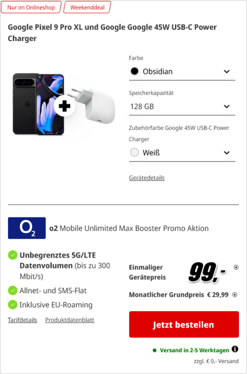 <em>Google Pixel 9 Pro XL 128GB + </em>Google 45W 超充头 + <br><em>O<sub>2</sub> Mobile Unlimited Max</em>