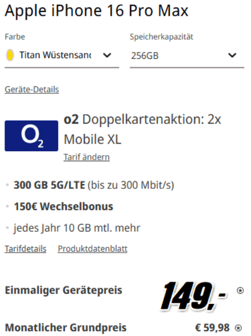 <em>iPhone 16 Pro Max 256GB + </em><br><em>O<sub>2</sub> Mobile XL 300 GB x 2</em>